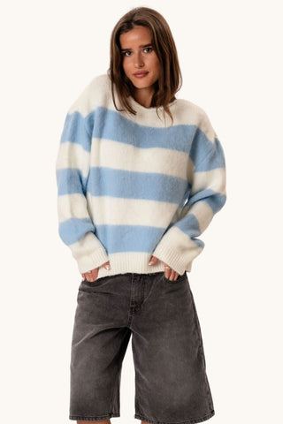Celina Striped Knitted Sweater - White/Sky Blue