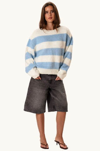 Celina Striped Knitted Sweater - White/Sky Blue