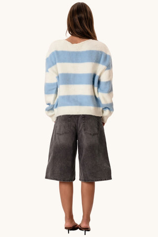 Celina Striped Knitted Sweater - White/Sky Blue