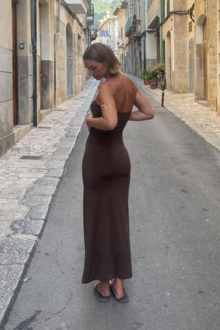 Isabella Maxi Dress in Chocolate Brown · effortless scandi dress for women from ITS MAY
