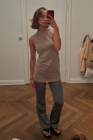 Gaia Mini Dress in Taupe · effortless scandi dress for women from ITS MAY