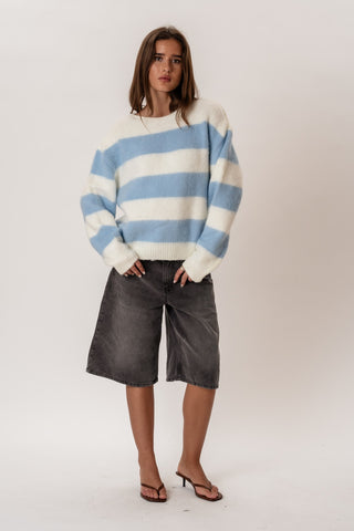 Celina Striped Knitted Sweater in White/Sky Blue · effortless scandi knitwear for women from ITS MAY
